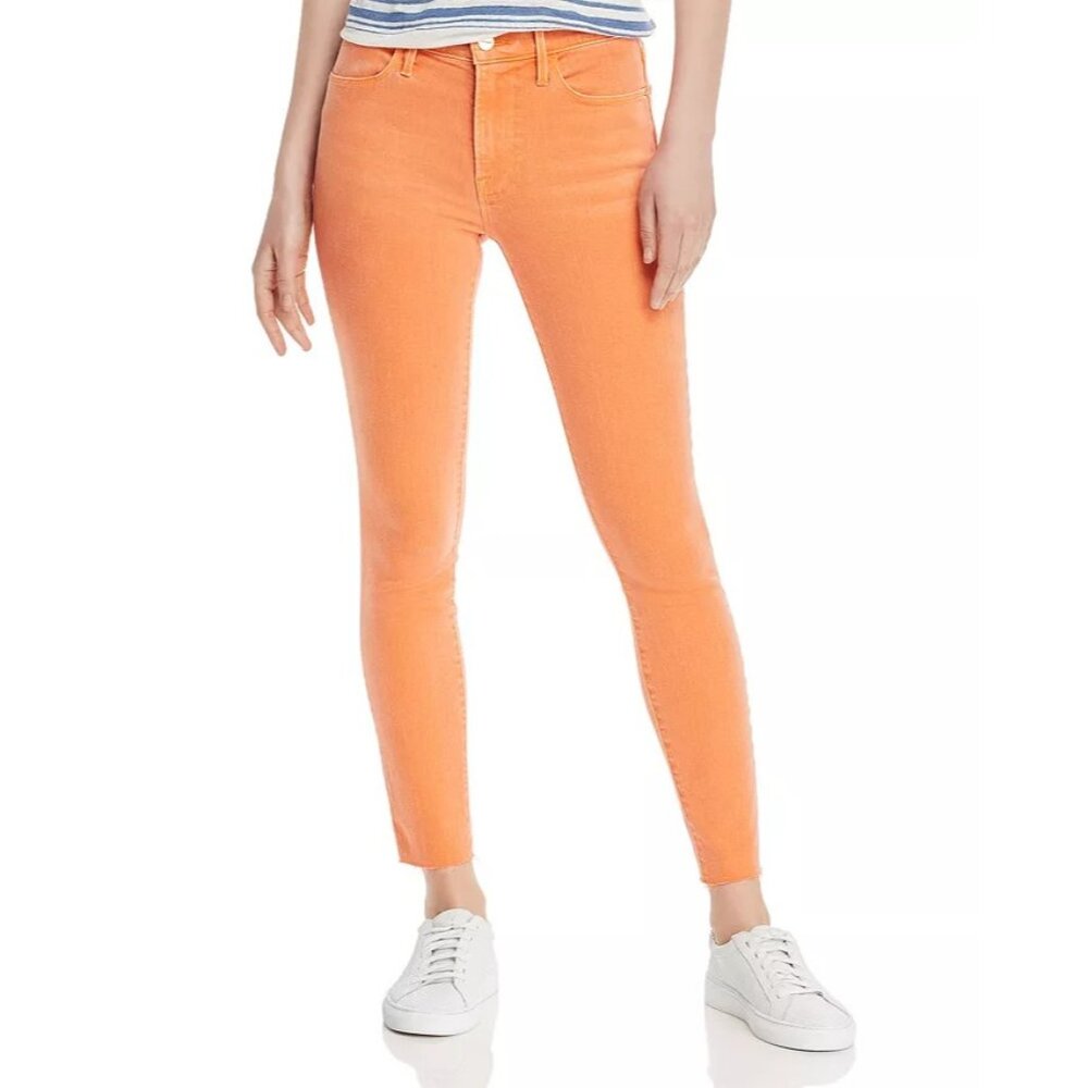 Frame Denim Jeans Le High Rise Skinny Frayed Raw Edge Orange Crush 26 New